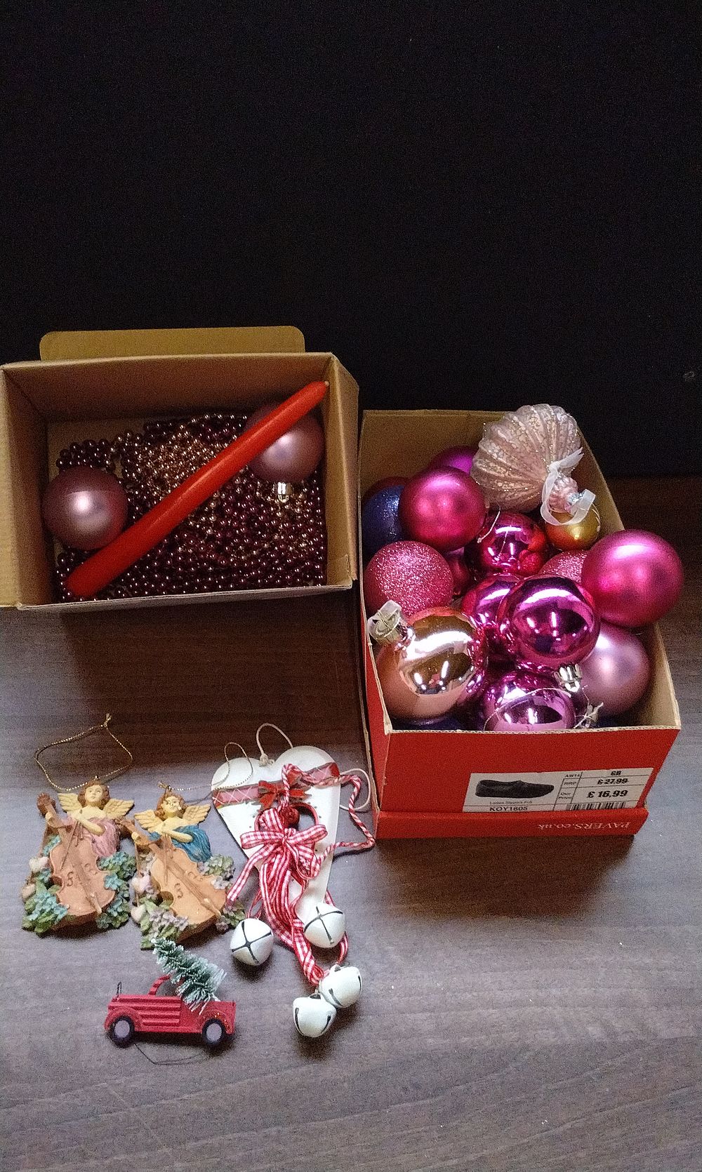 Lot 707: Two Boxes Containing Baubles, Bead Chains, Candle, and Ornaments