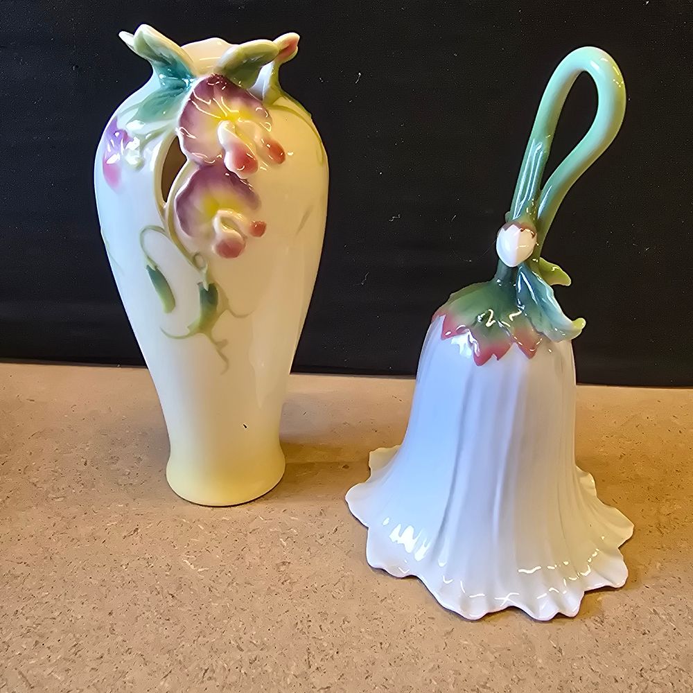 Lot 153: A Pair of Porcelain Floral Vase and Bell