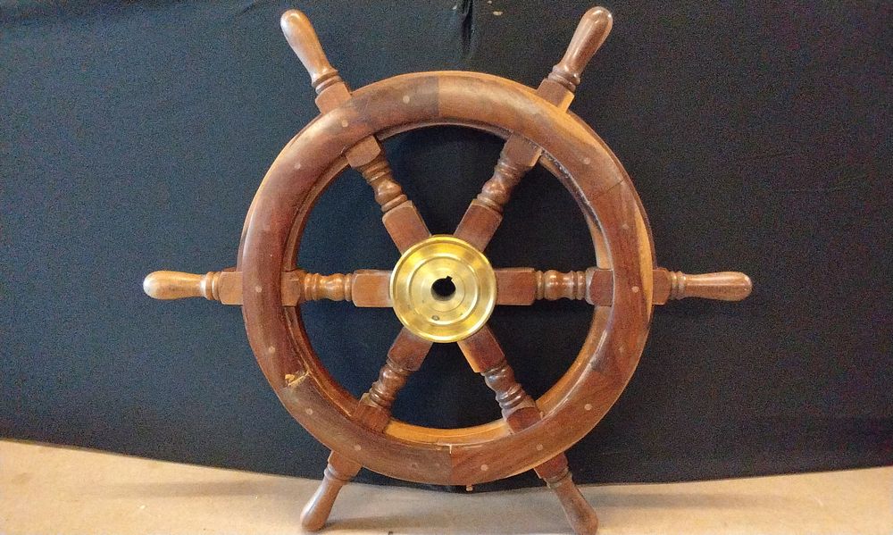 Lot 198: A Wooden Ship's Wheel with Brass Hub