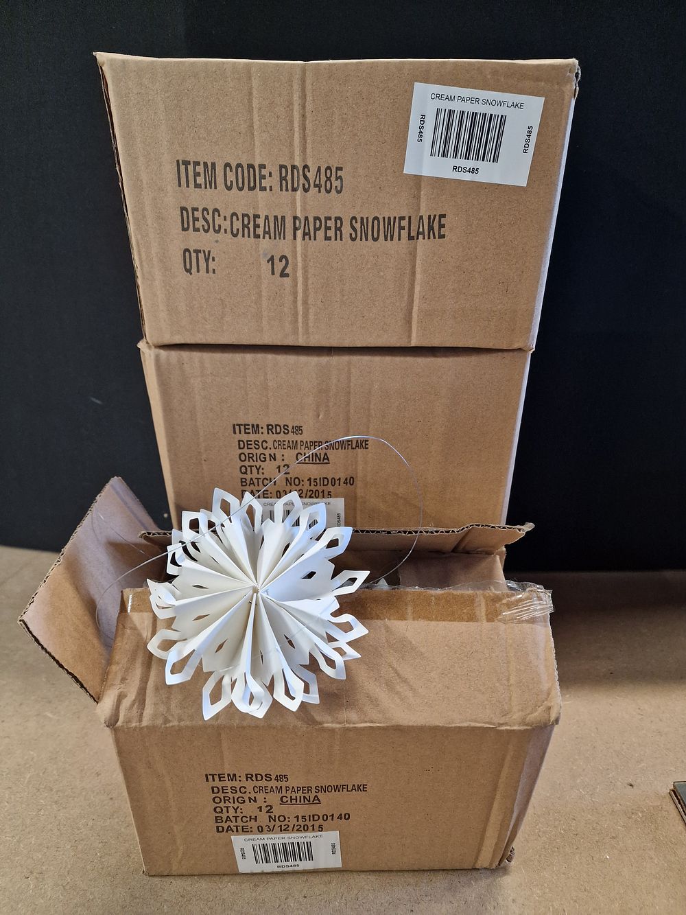 Lot 387: Four Paper Snowflakes: Three Boxed Cream, One Loose White