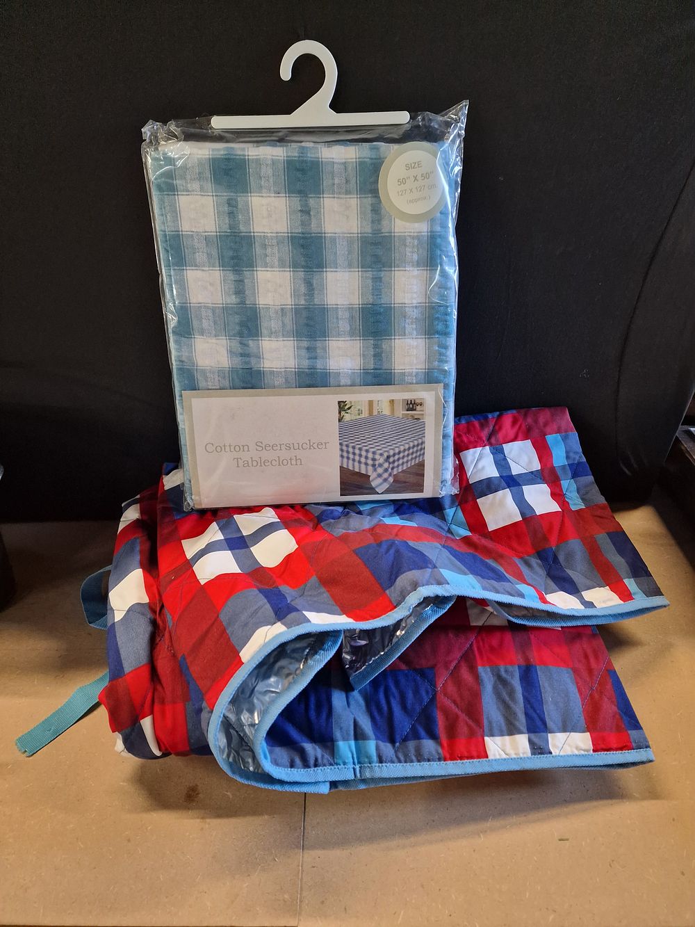 Lot 397: Plaid Cotton Seersucker Tablecloth and Foil Backed Picnic Blanket