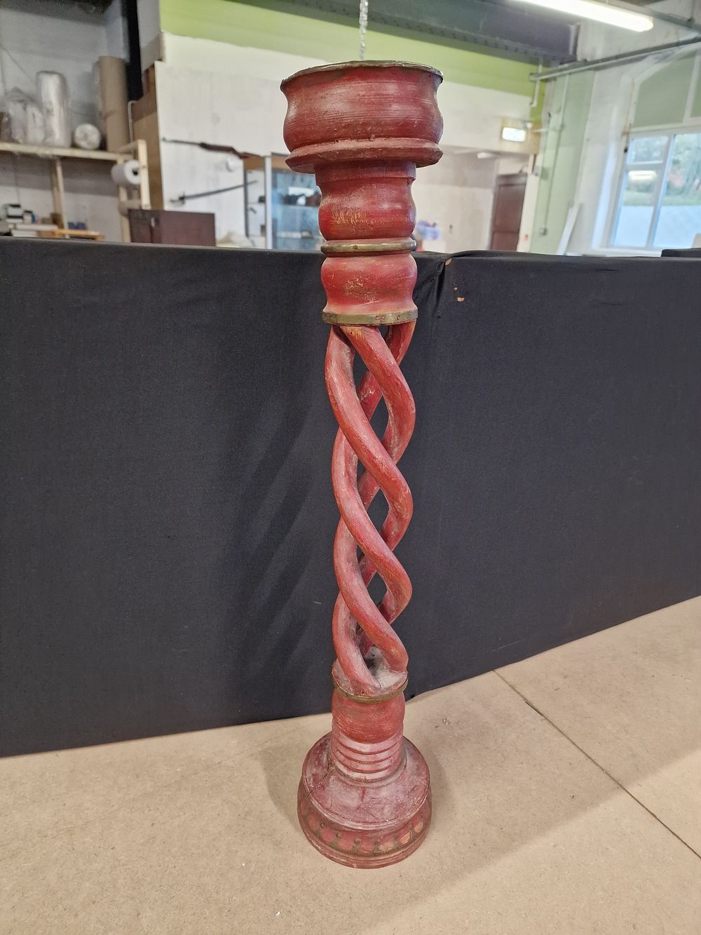 Lot 327: One Red Distressed Wooden Barley Twist Candlestick
