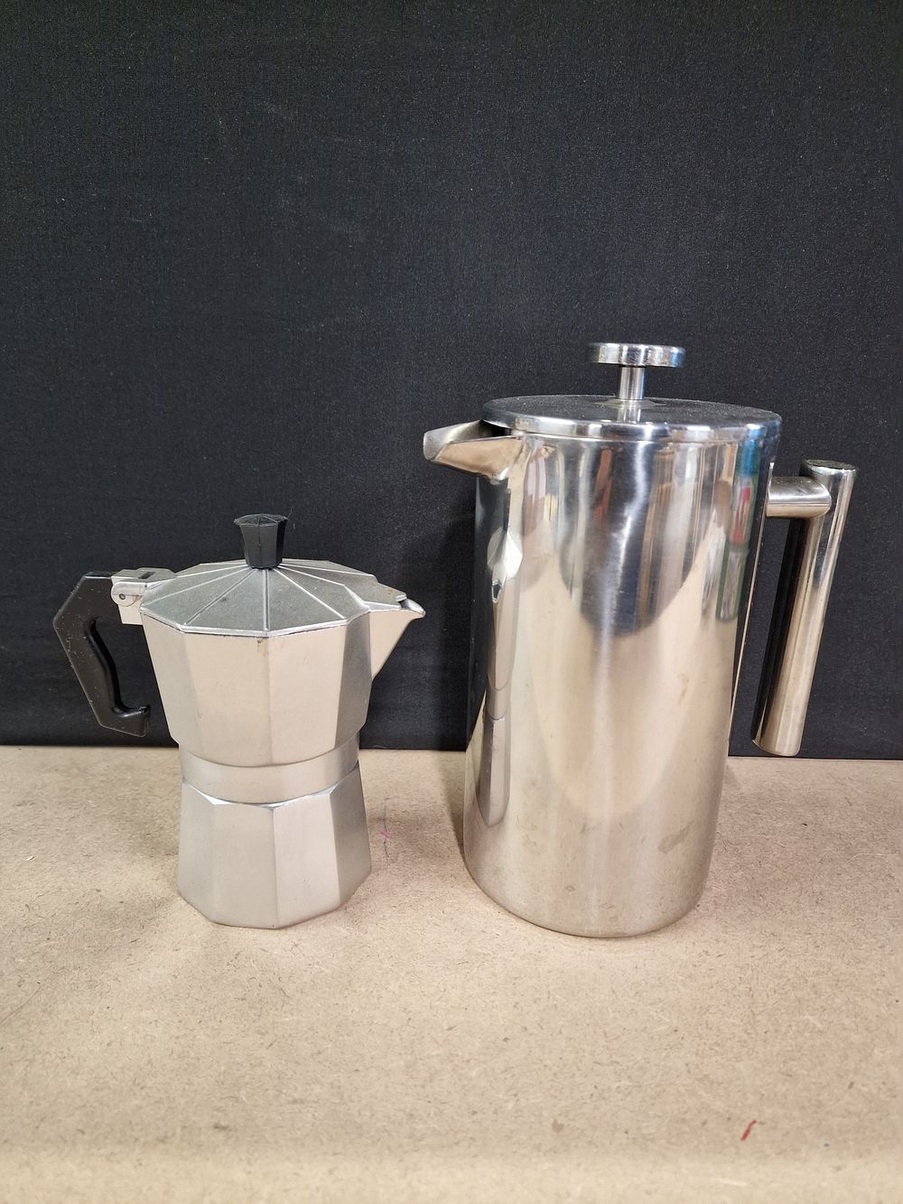 Lot 343: Two Silver-Toned Coffee Makers: Moka Pot and French Press