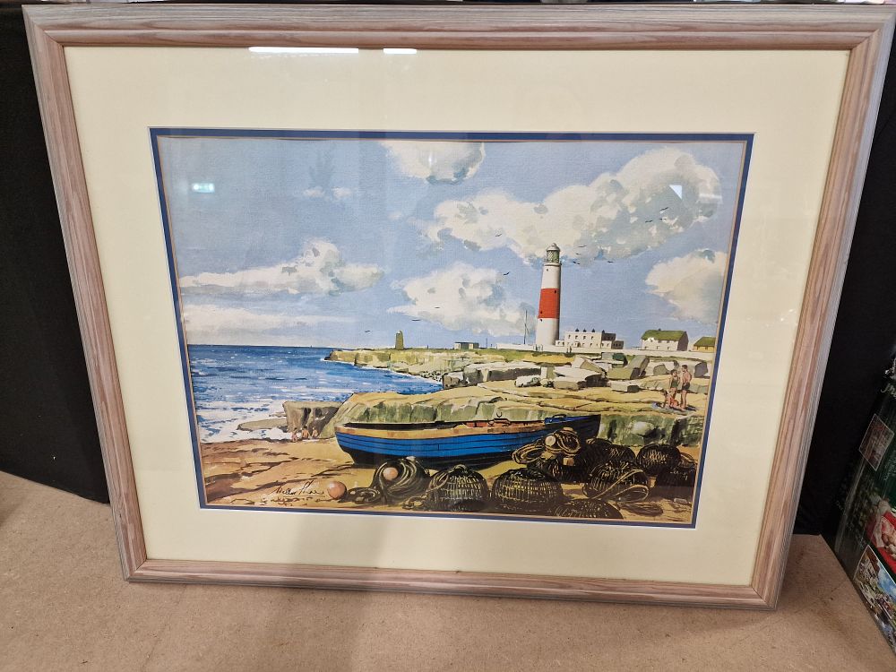 Lot 360: Framed Coastal Scene Painting or Print, Portland Bill Lighthouse