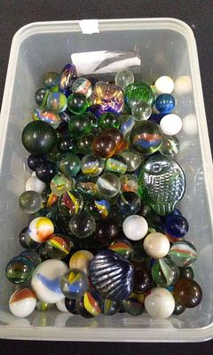 Tub of Glass Marbles, Shells and Fish