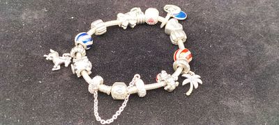 Pandora 925 Silver Bracelet with 10 x Charms