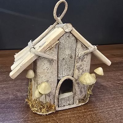 Rustic Wood and Birch Bark Fairy House Birdhouse Ornament. A natural wood and birch bark 