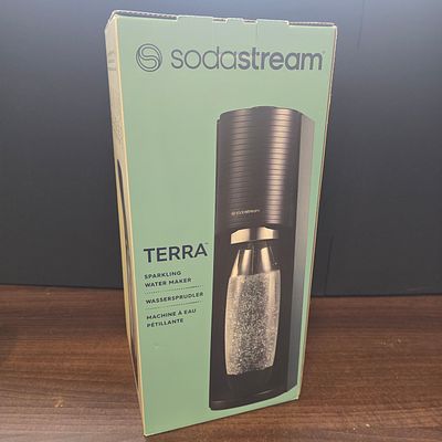 SodaStream TERRA Sparkling Water Maker System in Box. A single light green and white retail box 
