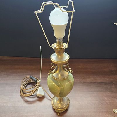 Ornate Green Onyx and Brass Dragon Handle Table Lamp. An ornate table lamp featuring a 