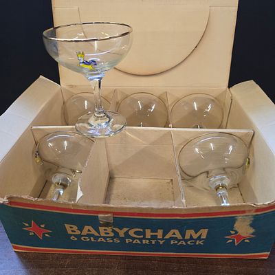 Vintage Babycham Six Glass Party Pack Coupes Boxed Set. A Collection of Six clear glass stemmed 