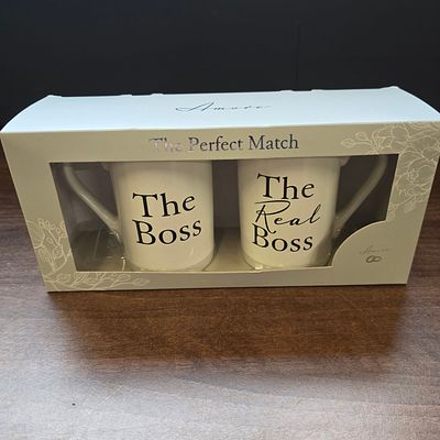 Amore BY JULIANA The Perfect Match Boss Real Boss Mug Set. A Pair of white ceramic mugs branded 