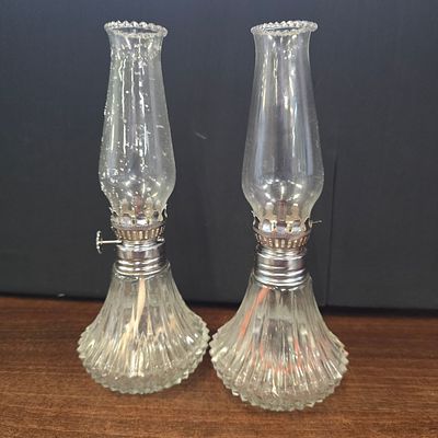 A Pair of Lamplight Farms Miniature Fluted Crystal Oil Lamps. A Pair of miniature oil lamps 