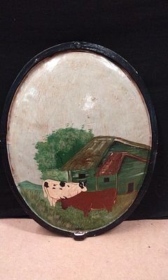 Circular Decorative Metal Plaque Farm Scene Two Cows Barn. Previously Used as Butchers Decor. A 