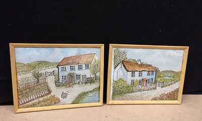 A Pair of Pilkington's Framed Tile Panels English Cottage Scenes. A Pair of framed pictorial 