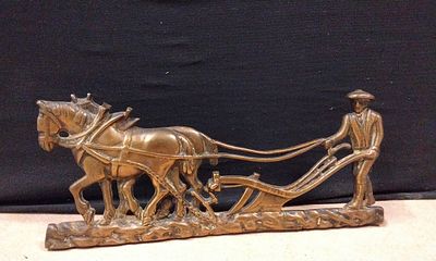 19th Century Brass Farmer and Horse Plow Ornament. A bronze-toned brass fireside ornament 