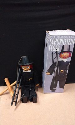 Vintage German Wooden Chimney Sweep Marionette Puppet with Box. This lot contains one black-clad 