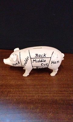 Harrisons Hams 1897 Cast Iron Butcher Diagram Pig Still Bank. A single cast iron still bank 