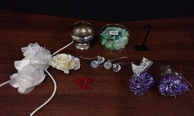 A Collection of 9 Decorative and Crafting Items Including a Metal Chalice and Fabric Flowers. 