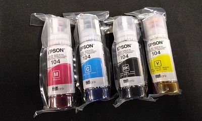 A Collection of Four Epson 104 EcoTank Ink Bottles. A collection of four sealed EPSON 104 