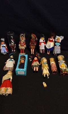 Collection of Seventeen Vintage International Costume Dolls and Accessories. A Collection of 15 