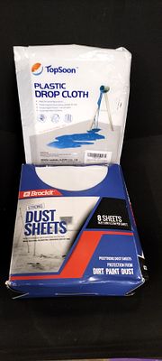 Two Packages of TopSoon and Brackit Plastic Drop Cloths. A pair of packaged construction plastic 