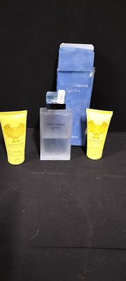 A Trio of Dolce & Gabbana and Versace Fragrance and Lotion. A collection of three items 