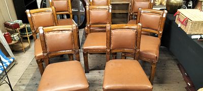 Eight Antique Solid Oak Dining/Rectory Chairs with Light Brown Cushion and Back Covers. Collectio 