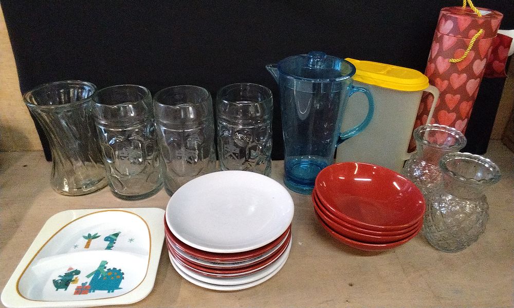 Lot 277: Mixed Items including 3x Large Burnley Football Club Stein Glasses, jugs, Vase, Pineapple Glasses, and Red & White Crockery