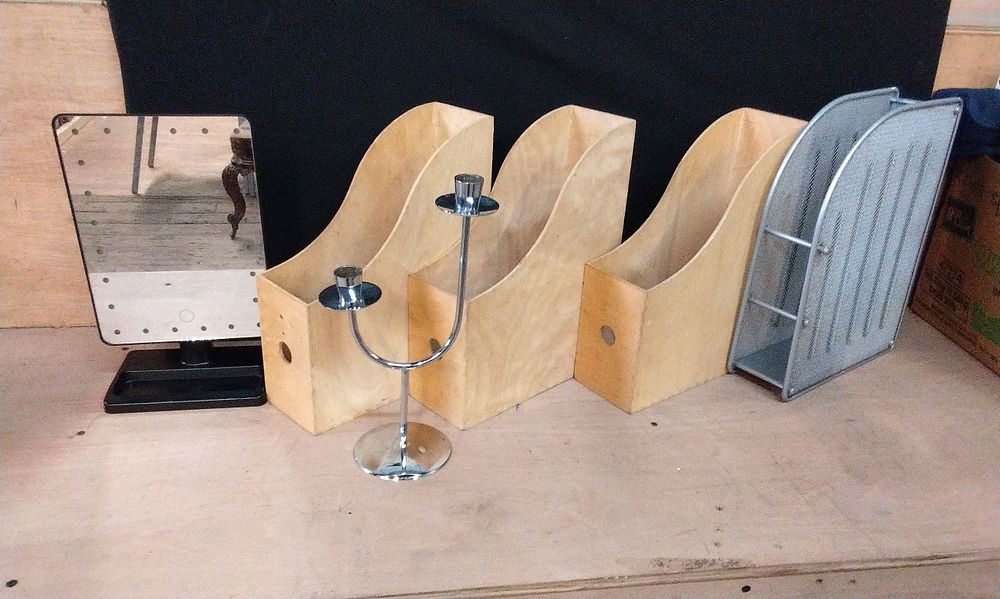 Lot 285: 4x File Storage Boxes, Chrome Candle Holder, and a Waneway Light up Mirror