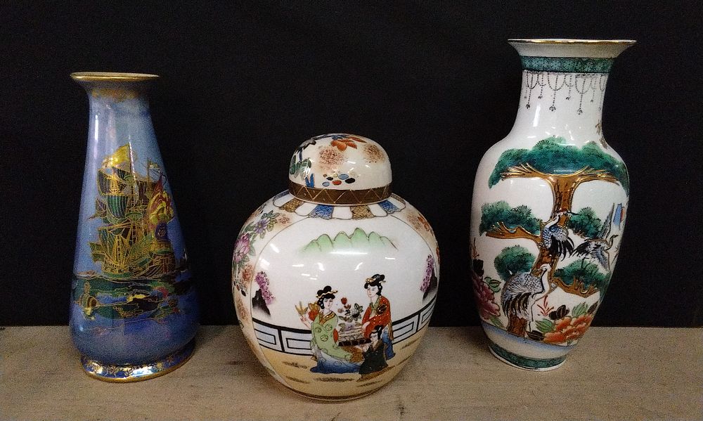 Lot 182: Three Oriental Style Vases and Ginger Jar. Including Crown Devon Luster Ware Vase