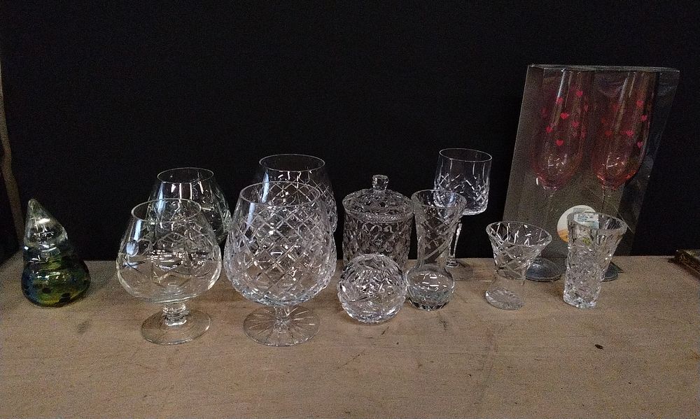 Lot 205: Selection of Mixed Cut Glass and Crystal Glassware, Bud Vases and a British studio glass Perfume Bottle signed Angela Henderson with a Jorvik Stopper. COLLECTION ONLY