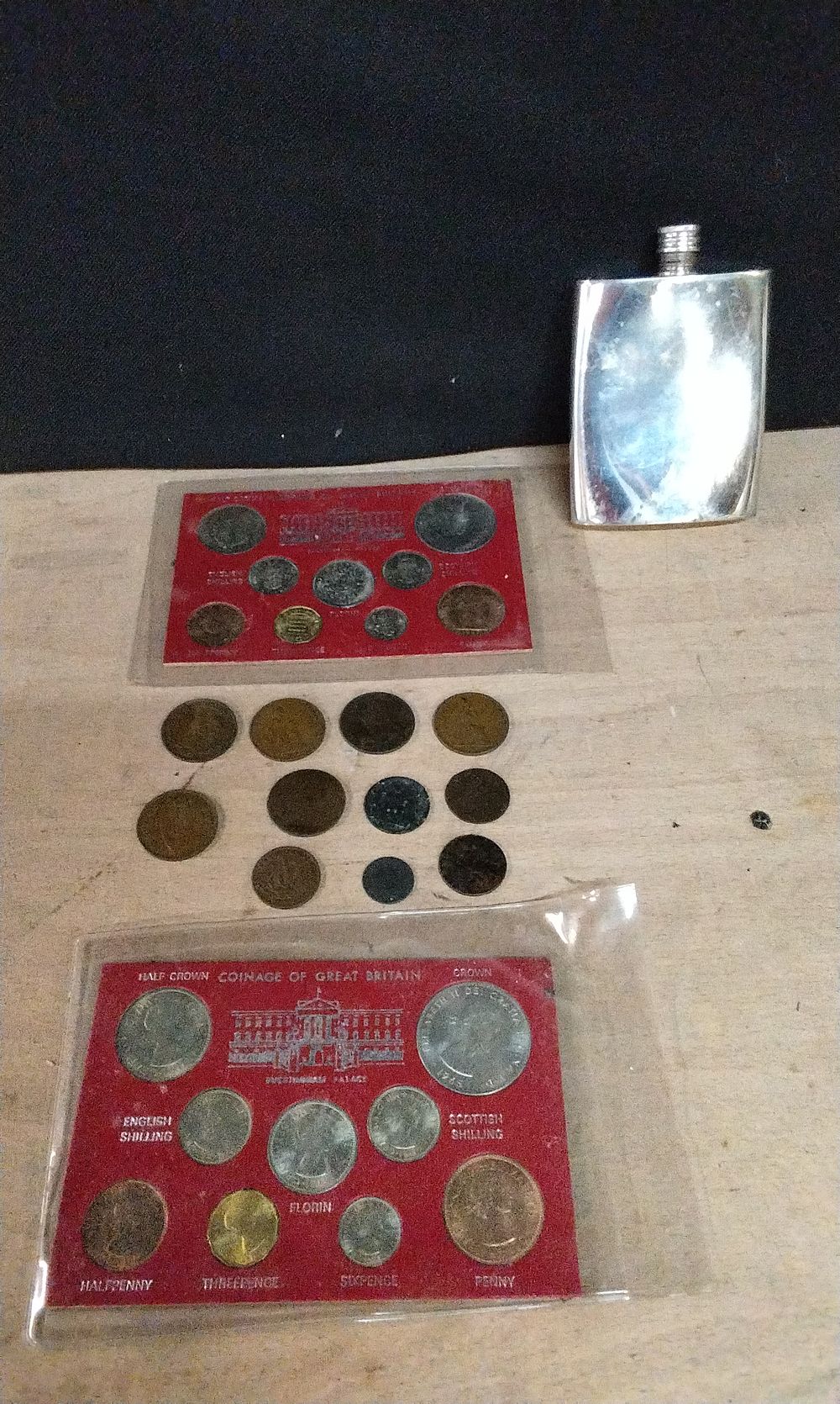 Lot 200: Selection of Various vintage Coins and Two Coin Sets in Plastic Wallets, and a Stainless Steel Hip Flask.