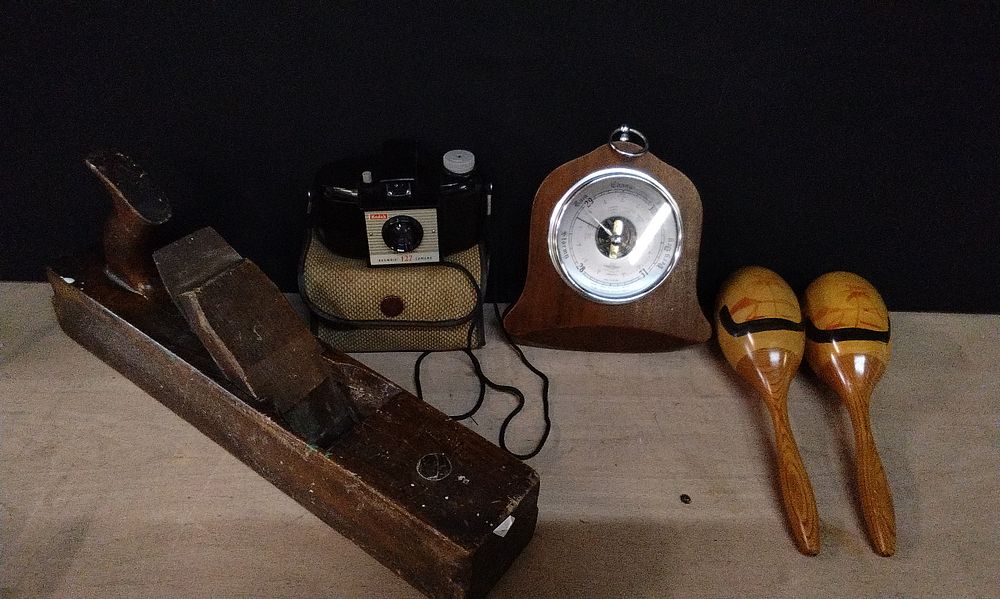 Lot 216: Selection of Various Items including a Vintage Wood Plane, Shortland Barometer, Pair of Maracas,and a Kodak Brownie 127 Dakon Lens 35mm Camera with Case