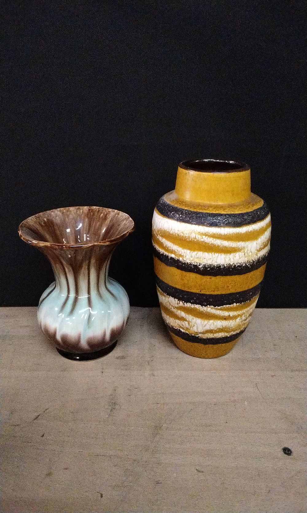 Lot 221: Two Small West German Vases One Featuring  B14 _15 Germany a Drip Glaze in Brown, Cream, and Aqua Green. and One 549-21 W. Germany Fat Lava in Vintage Yellow, White and Black Glaze