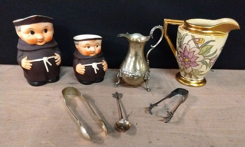 Lot 265: Two vintage Goebel Friar Tuck Monk Shaped Creamers, a Small Burleigh Ware Jug and a Silver Plated Creamer Jug and 2 Pairs of Sugar Tongs and Tea spoon