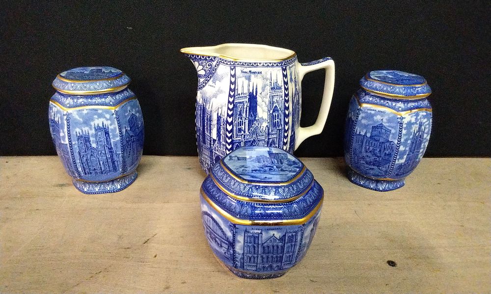 Lot 269: Collection of Wade Ringtons Blue and White Cathedrals and Castles Tea Caddys and a Pitcher Jug