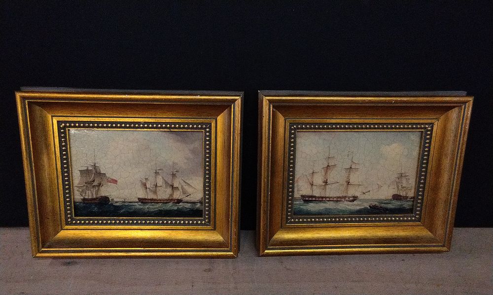 Lot 308: 2x Small Gilt Framed Prints of a 19th Century Naval Painting Depicting the USS Constitution