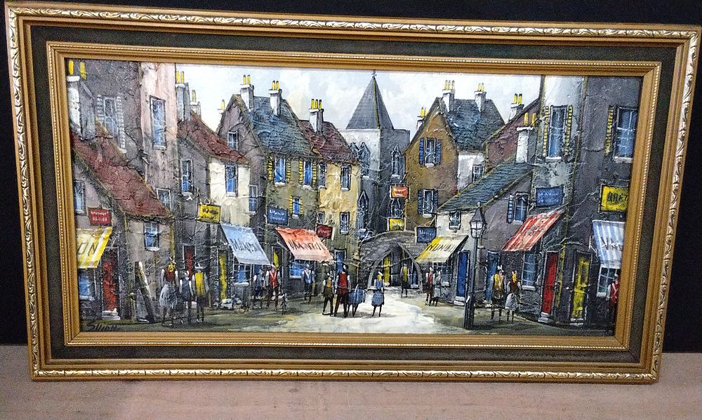 Lot 315: 20th Century Original Mixed Media Heavy Impasto Technique giving a 3D Textured Appearance of a European Street Scene Signed Elliott (Edward Elliott). COLLECTION ONLY
