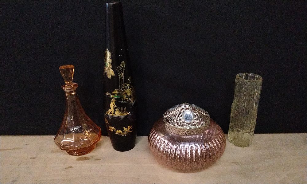 Lot 357: 1970'S Bark Textured Slim Vase, Possibly Raven. Pink Luster Posy Bowl with Decorative Fret Work Lid, Small Vintage Art Deco Style Carafe, and a Vietnamese Laqured Wooden Vase with Gold Leaf Inlay,