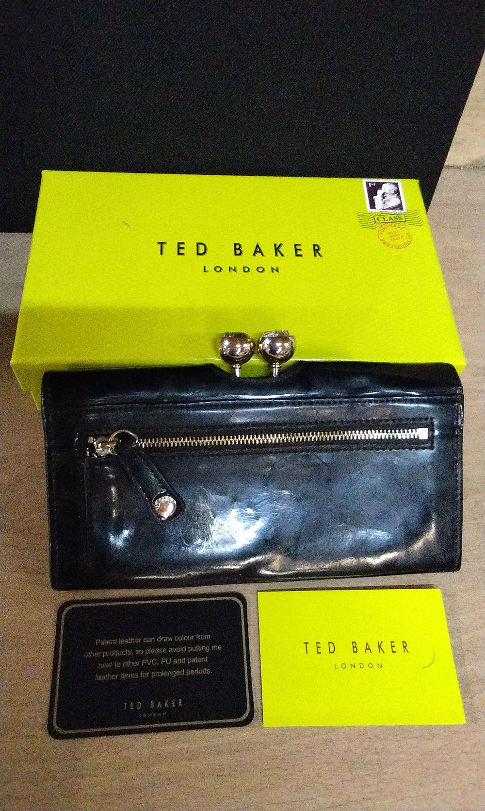 Lot 377: Boxed Ted Baker Black Leather Patent Purse with Gold Hardware