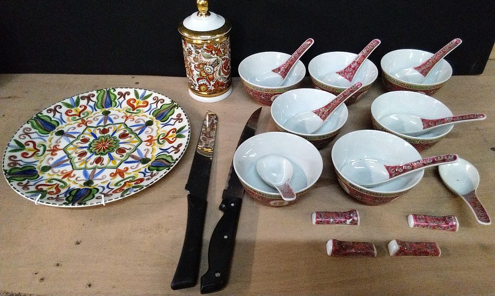 Lot 378: Chinese Mun Shou Famille Rose Porcelain 7 Bowls and 8 Spoons, and Chopstick Rests. Featuring the Traditional Longevity Pattern. Limoges Lidded Jar, Decorative Plate and Two Kitchen Knives