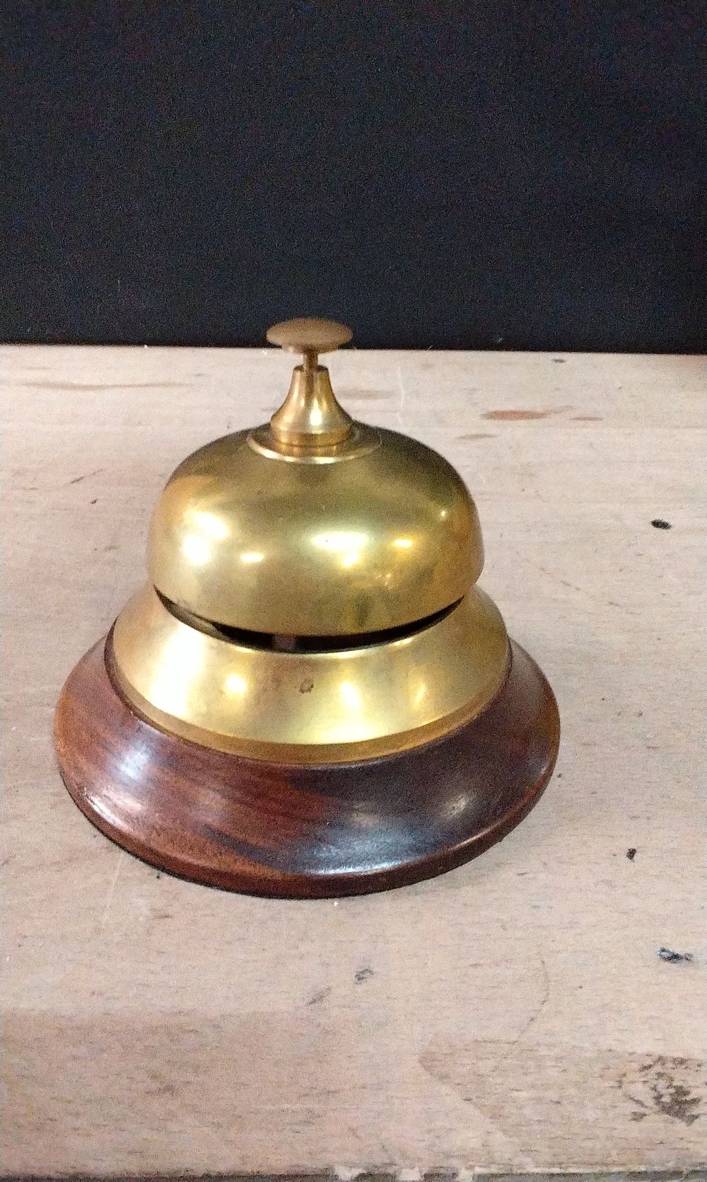 Lot 390: Vintage Brass Hotel Reception Bell with a Wooden Base. Tested