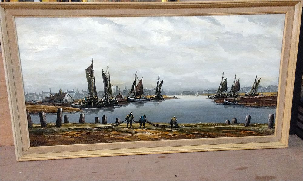 Lot 372: Original Mid Century Oil and Impasto Painting on Board. Depicting a Harbour Scene. By Edward Elliott