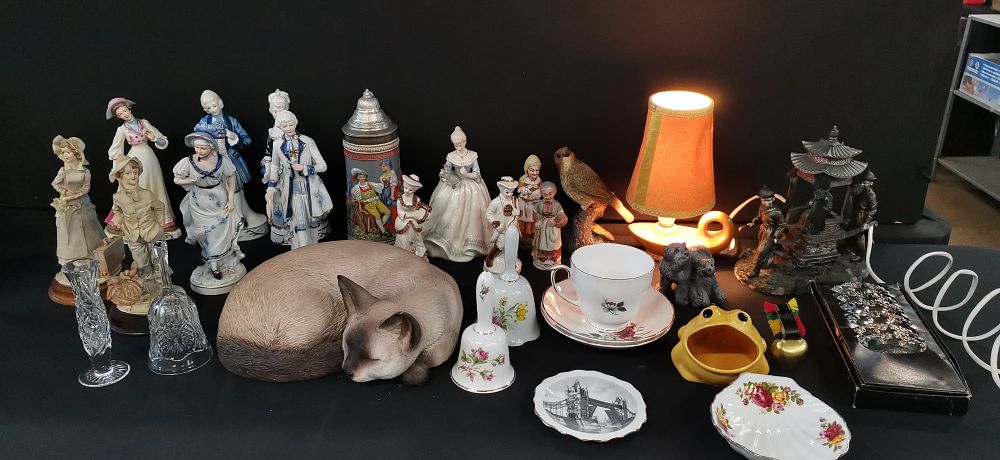 Lot 152: Selection of Various Porcelain and Ceramic Ornaments and Oil Lamp Table Lamp, Bells, Composite Oriental Ornament and Other Items. COLLECTION ONLY