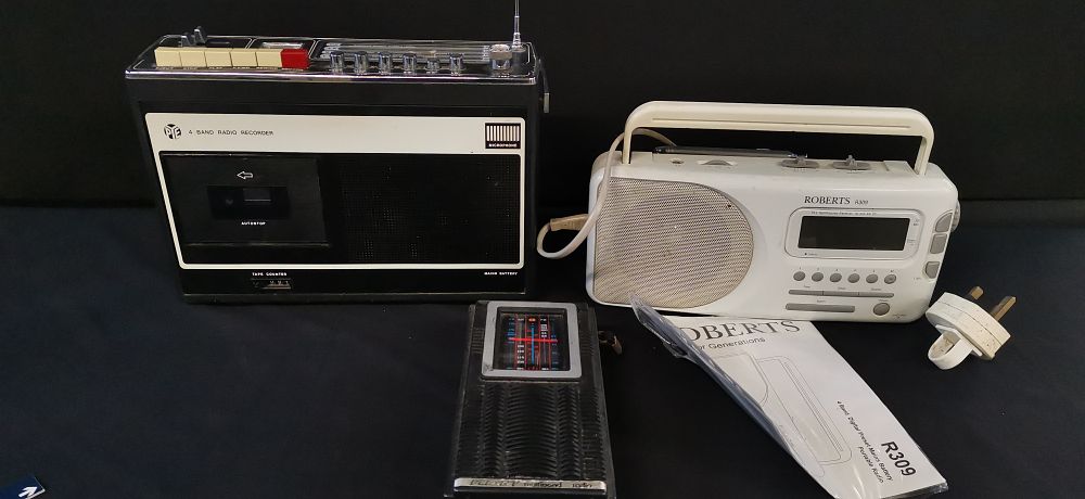 Lot 159: Two Analogue Radios. Roberts and PYE 4 Band Radio Cassette Recorder, and a Flight Multi Band Radio, CB-40 Channel, TV-FM, Air. WEB. PB Receiver.