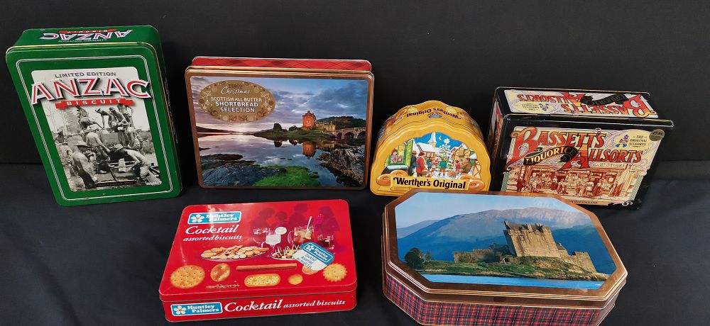 Lot 163: 6x Vintage Biscuit Tins including Huntley and Palme