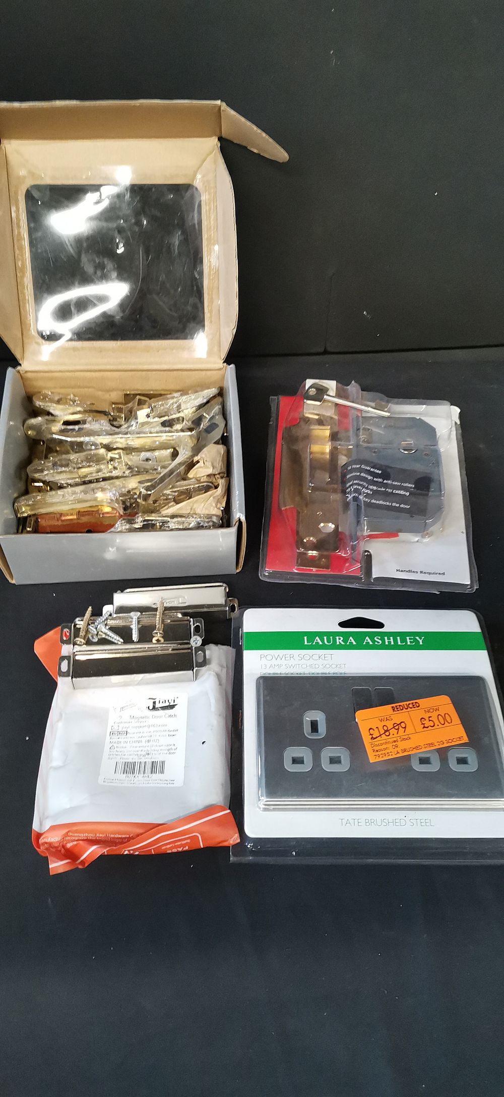 Lot 198: Selection of Window Latches, Brushed Steel Twin Plug Cover, Magnetic door Catches and Mortice Door Lock with Key