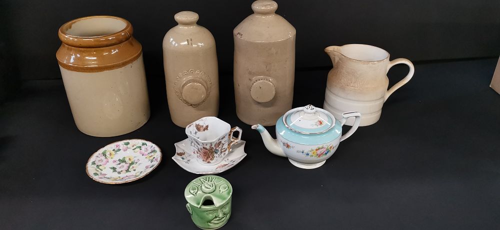 Lot 200: Selection of Various Items including Stoneware Hot water Bottles, Cup and Saucers, Vintage Mint Pot, Narataki Teapot, Lord Nelson Pitcher Jug