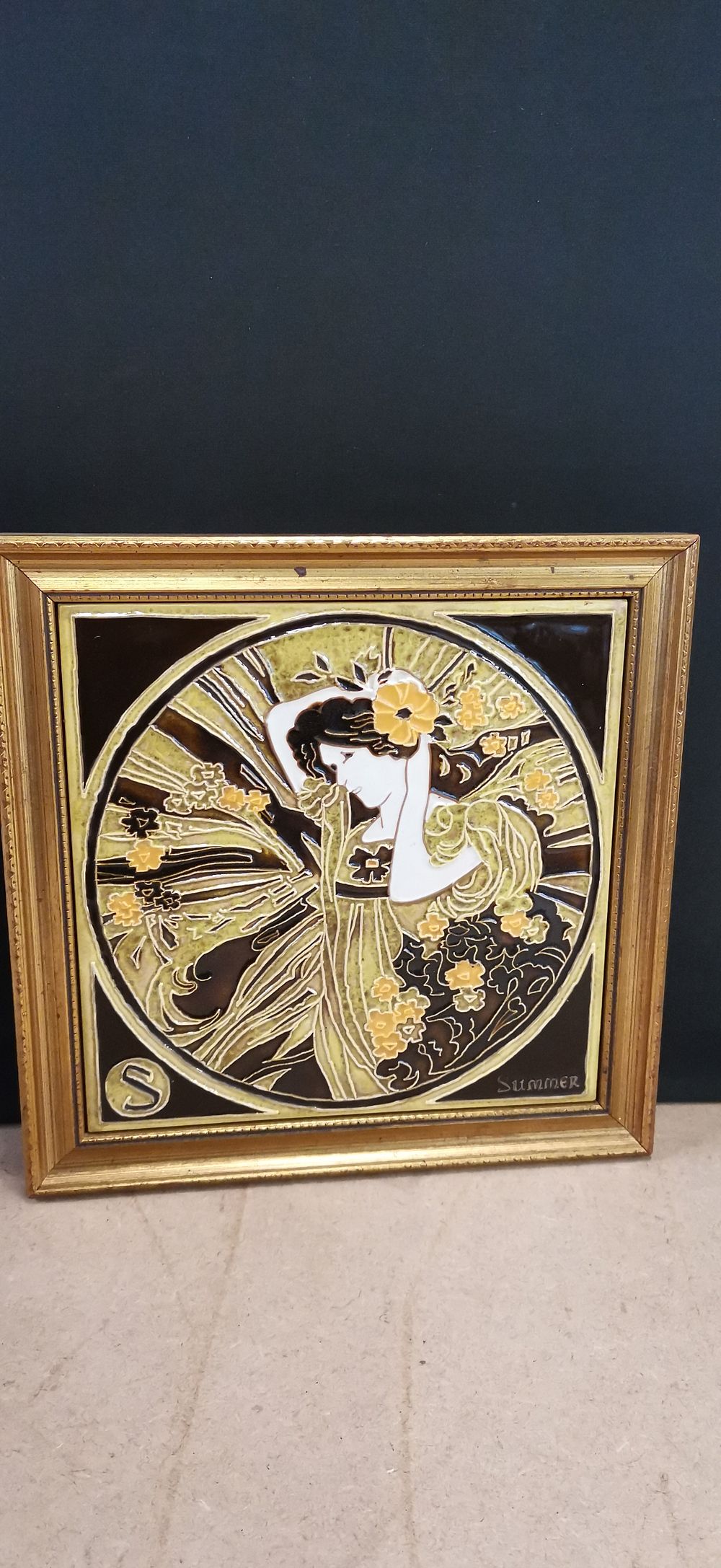 Lot 232: Framed Maw and Co Art Nouveau Style Majolica Summer Tile