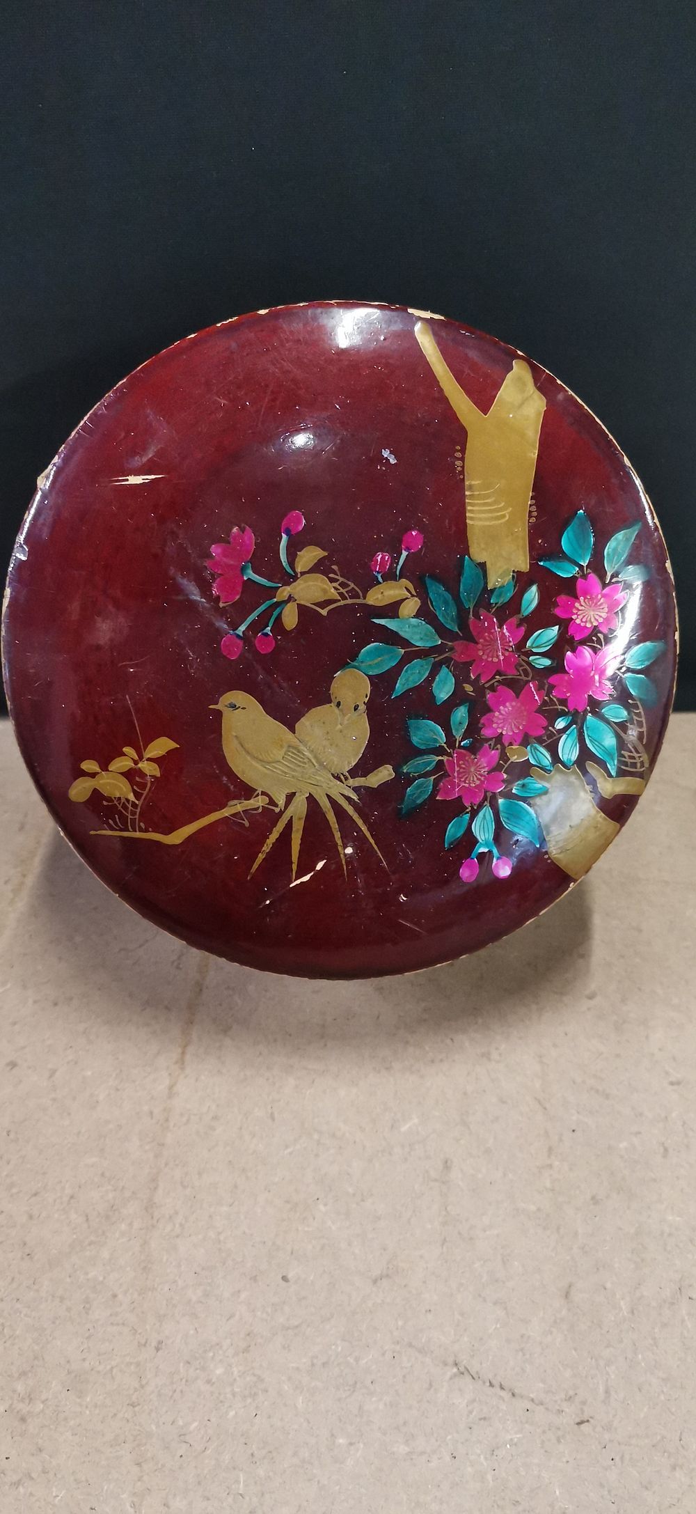 Lot 235: Vintage French Red Lacquered Papermache Round Box with Bird and Floral Decoration
